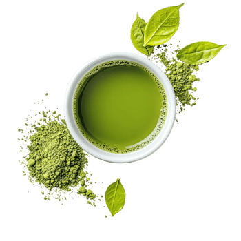 Instant matcha green tea in a bowl with powder and fresh leaves on a transparent background, instant matcha green tea on transparent background png