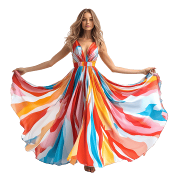 Young woman in a colorful summer dress twirls gracefully against a bright transparent background, young beautiful woman in colorful summer dress isolated on transparent background png