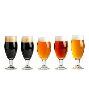 A variety of craft beer glasses arranged on a transparent background showcasing unique colors and foam textures, Craft Beer Glasses On transparent background png