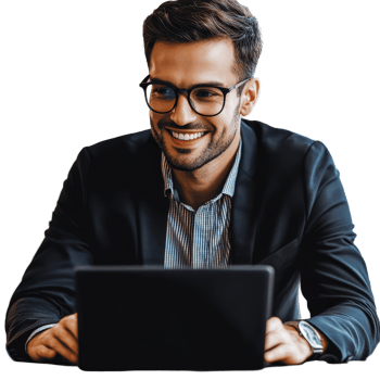 Businessman engaging with laptop in a bright office setting for productive remote work session, file no background Businessman connecting with his laptop png