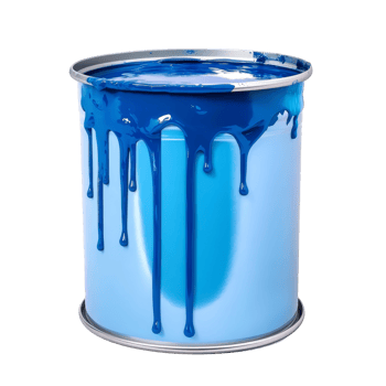 A large can of blue paint with drips reflecting creativity and preparation for a painting, large open can of blue paint with drips, file of isolated object with shadow on transparent background png