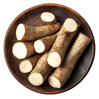 Fresh cassava roots neatly arranged on a rustic wooden plate against a clean transparent background, Cassava in plate on transparent background png