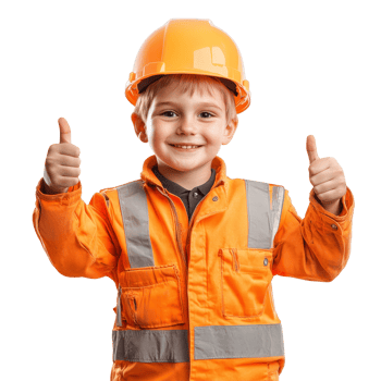Cheerful child construction worker gives thumbs up while wearing bright safety gear in a studio setting, Cheerful Kid Construction Worker Giving Thumbs Up on transparent background png