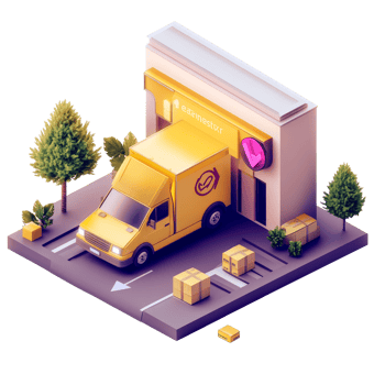 Express delivery service concept with a yellow van at a modern urban location in daylight, 24h express delivery service concept png