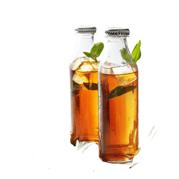 Refreshing iced tea and green tea bottles with herbs on a clean transparent background, bottle of ice tea and green tea on transparent background png