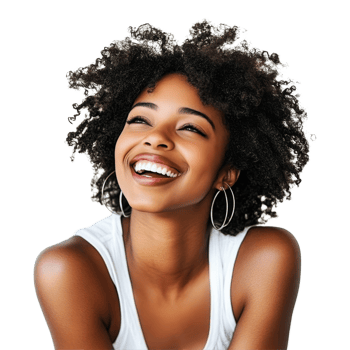 A joyful black woman with curly hair smiles brightly against a plain background, showcasing happiness and confidence, portrait of a black woman happy female isolated on transparent background png