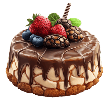 Delicious turtle cake drizzled with chocolate syrup and topped with fresh fruits on a clean transparent surface, Isolated turtle cake with chocolate syru png