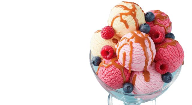 A glass bowl filled with ice cream and berries png