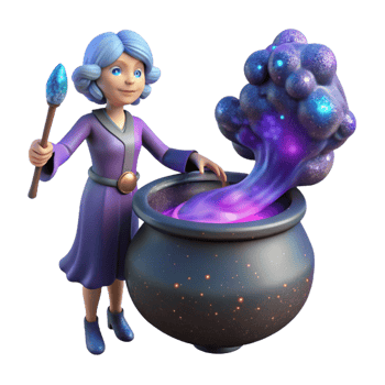 impressive modern vibrant vintage 3D Cartoon Witch Brewing Purple Potion premium 4K png