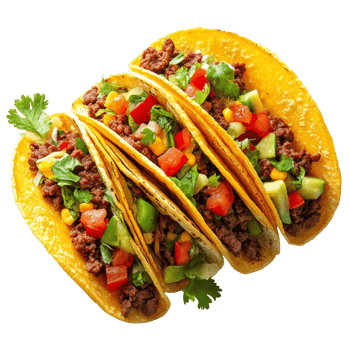 Mouthwatering tacos filled with seasoned beef and fresh toppings served on a transparent background, Delicious Tacos on transparent background png