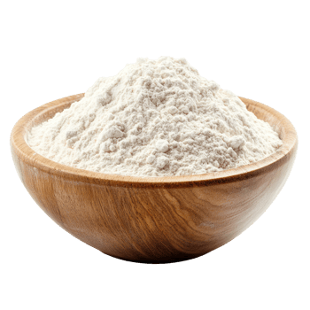 A cozy wooden bowl filled with flour sits against a clean transparent background, showcasing an essential baking ingredient, Pile of flour in wood bowl isolated on transparent background png