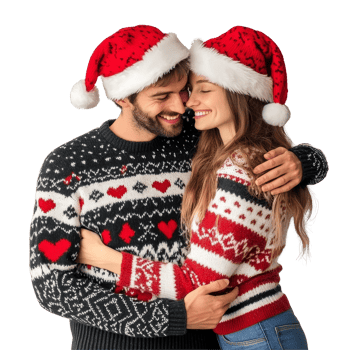 A loving couple in Christmas sweaters and Santa hats sharing a warm embrace during the holiday season, Loving Couple in Christmas Sweaters and Santa Hats On transparent background png