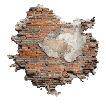 Wardamaged brick walls with exposed surfaces showcasing destruction in a transparent background, Destroyed Brick Walls by War on Transparent Background png