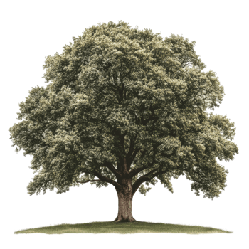 A majestic oak tree with lush green foliage stands prominently against a transparent background, Oak tree transparent background png