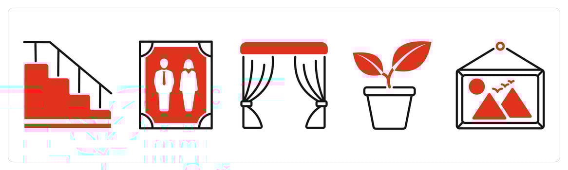 Five Furniture icons as suitcase, photo frame, curtains vector