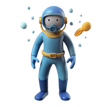extraordinary minimalist beautiful artistic 3D Cartoon Diver and Sea Creature Illustration detailed genuine png