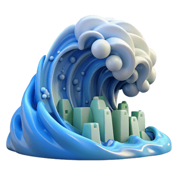 extraordinary traditional magnificent minimalist 3D Cartoon Wave Crashing City Illustration high resolution 4K png