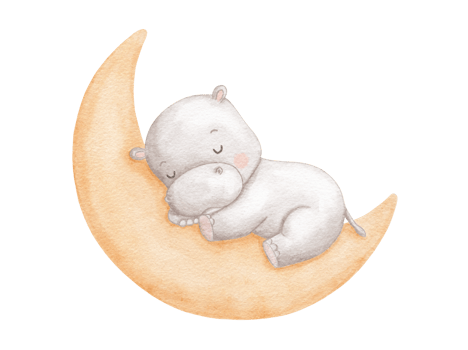 Baby hippo sleeping on moon, watercolor hand draw illustration for kids, woodland animal, painted drawing with isolated background png