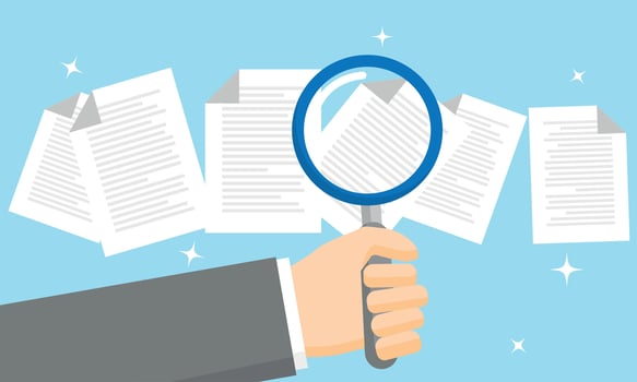 Magnifying glass inspection of documents or information, business contract reviewing, office paperwork analyzing vector