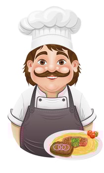 chef man preparing dishes and food in the kitchen cartoon icon illustration isolated on white background vector