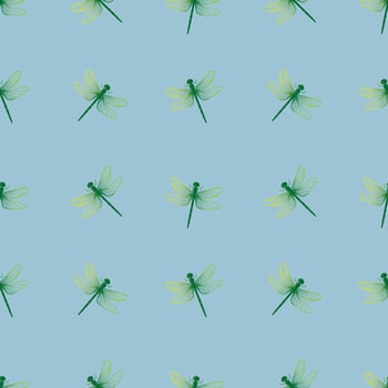 Seamless pattern with dragonfly on a light blue background. pattern. Wildlife. For textiles, wallpapers, and decorative designs. vector