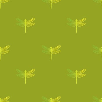 Seamless dragonfly pattern on a green background. Perfect for textiles, wallpapers, and decorative designs. vector