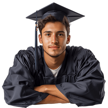 Young Man in Graduation Cap and Gown Smiles With Arms Crossed in Daytime Studio Setting png