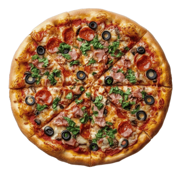 Delicious Pizza Topped With Pepperoni, Olives, and Fresh Greens Served on a Wooden Table png