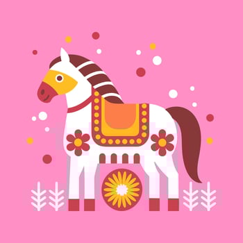 Cute horse in nature with flowers on pink background. Horse illustration in folk art style. Pop art illustration. vector