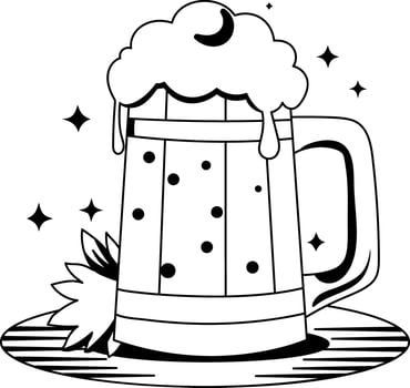 Glyph illustration of a beer mug filled with frothy beer against a night sky with stars vector