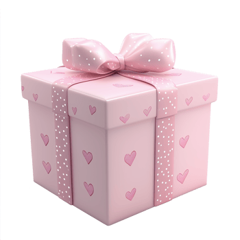 3D gift box isolated on transparent background. Pink festive box decorated with hearts and shiny bow. For Valentine's Day, Birthday and other greetings. png