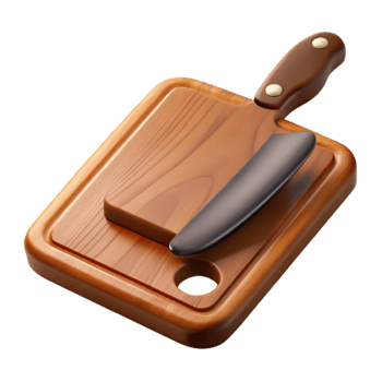 extraordinary vintage A Wooden Cutting Board with Knife Marks and Dark Handle, high resolution png