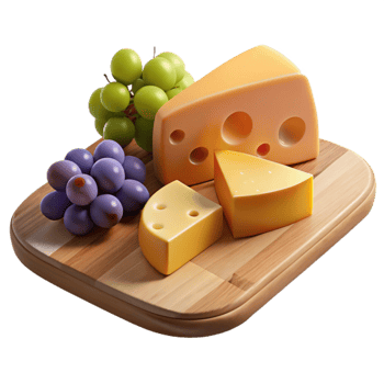 dramatic contemporary A Wooden Cutting Board with Variety of Cheeses and Grapes, authentic png