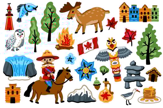 A set of North American elements. Symbols of Canada. Nature, animals, characters, objects. For maps and children's designs. Travel landmarks illustrations. Cartoon style. vector