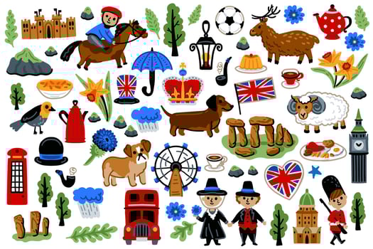 London set, United Kingdom Cartoon Icons Design Travel Concept. Red bus, castle, umbrella, crown. Travel landmarks illustrations. vector