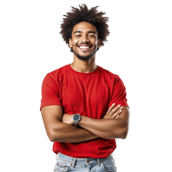 A man in a red shirt is smiling png