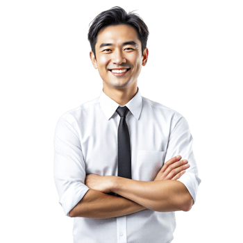 Asian businessman with arms crossed standing with his hands on his chest png