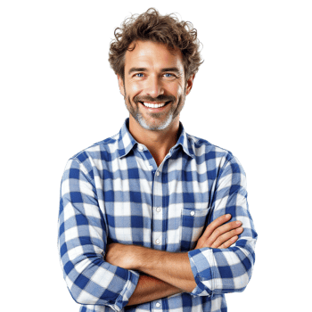 A man with curly hair and a blue and white checkered shirt png