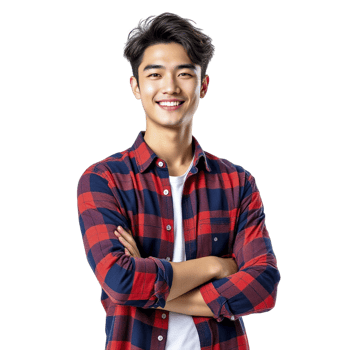 Asian man in red and black plaid shirt png