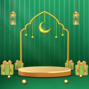 Ramadan Golden Crescent and Lanterns on Green Background with Present Boxes vector