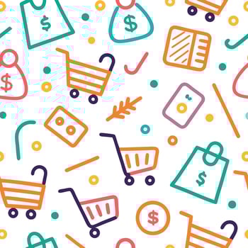 Colorful shopping cart and money bag seamless pattern. vector