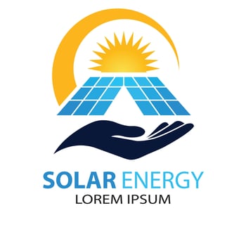 Solar Energy Logo with Sun and Hand Holding Solar Panels vector