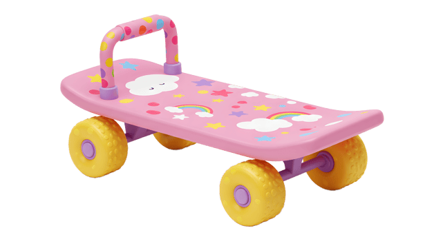 Cute Pink Kids Skateboard with Rainbow Design png