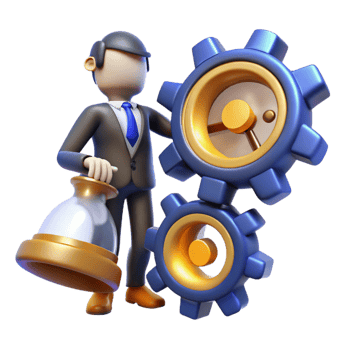 beautiful vintage 3D Illustration Businessman Gears and Hourglass high quality png