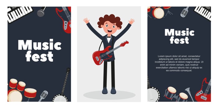 Musician performing at a lively music festival with various instruments and vibrant decorations vector