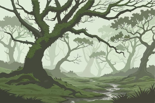 Enchanted Forest Scene Illustration with Mossy Trees for Nature Themed Art vector