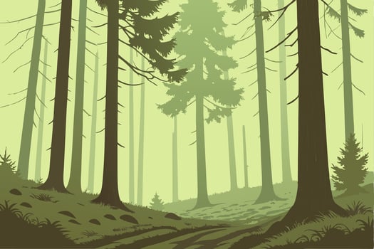 Dense Forest Silhouette with Tall Trees in Green Misty Woodland Illustration vector