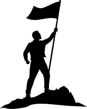 Silhouette of Man with Flag on Mountain Summit Symbolizing Achievement and Victory vector