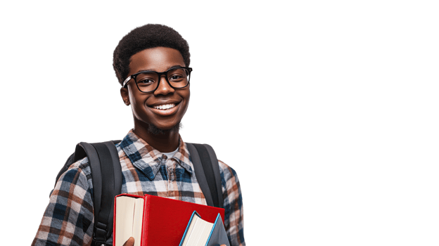 African Student Smiling, Carrying Books and Wearing Glasses, Transparent Background with Copy Space png