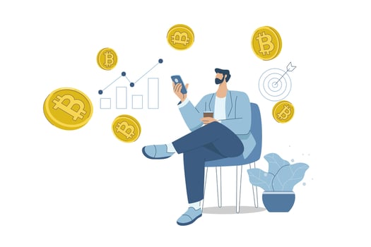 Male investor sitting using smartphone to trade cryptocurrencies coins, Trading and investing in bitcoin and other crypto, Making Profit and Income from Bitcoin and Cryptocurrencies, . vector